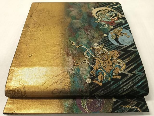 平和屋着物●六通柄袋帯 風神雷神 黒地 金糸 引箔 正絹 逸品 CABM8919vp
