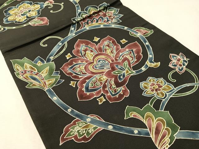 平和屋着物●六通柄袋帯 更紗唐草文 黒地 正絹 逸品 CABM8920vp