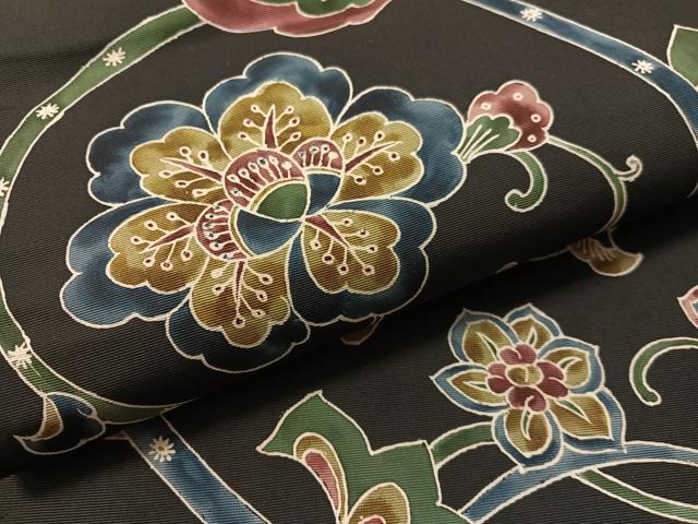 平和屋着物●六通柄袋帯 更紗唐草文 黒地 正絹 逸品 CABM8920vp