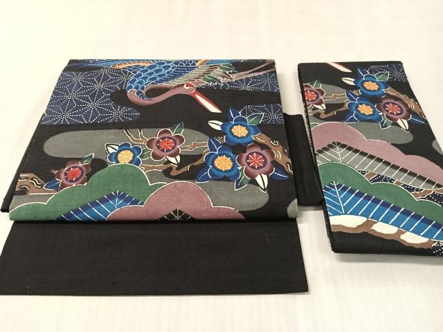 平和屋着物●伊差川紅型工房 伊差川洋子作 つけ帯 紬地 飛鶴花松文 正絹 逸品 CABM9064vp