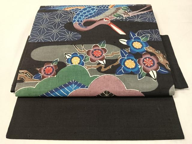平和屋着物●伊差川紅型工房 伊差川洋子作 つけ帯 紬地 飛鶴花松文 正絹 逸品 CABM9064vp