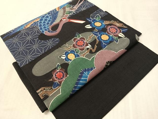 平和屋着物●伊差川紅型工房 伊差川洋子作 つけ帯 紬地 飛鶴花松文 正絹 逸品 CABM9064vp