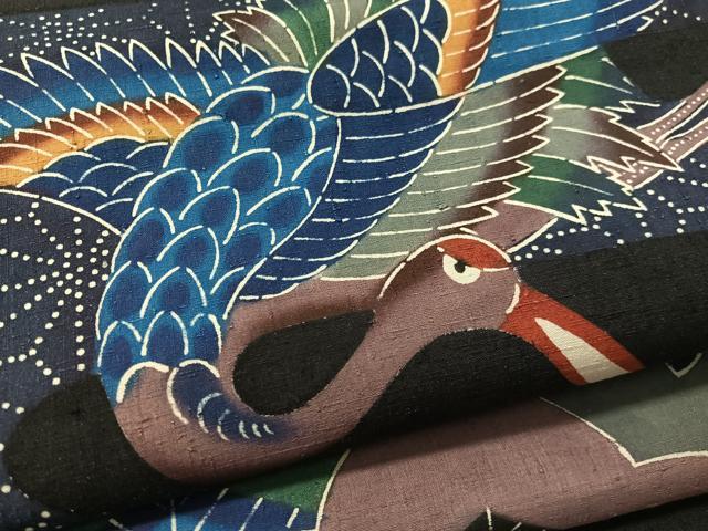 平和屋着物●伊差川紅型工房 伊差川洋子作 つけ帯 紬地 飛鶴花松文 正絹 逸品 CABM9064vp