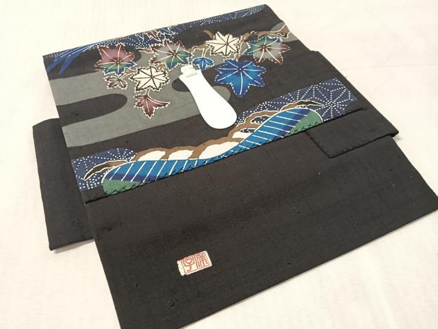 平和屋着物●伊差川紅型工房 伊差川洋子作 つけ帯 紬地 飛鶴花松文 正絹 逸品 CABM9064vp