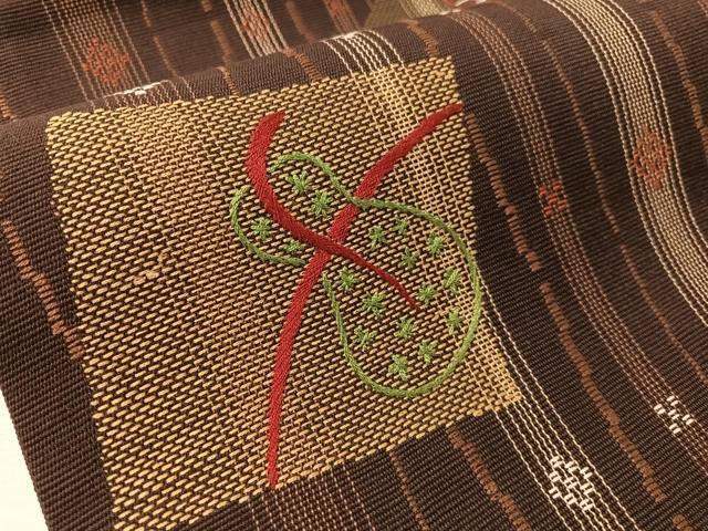 平和屋着物●九寸名古屋帯 紬地 刺繍 色紙瓢箪花文 正絹 逸品 CABM9087vp