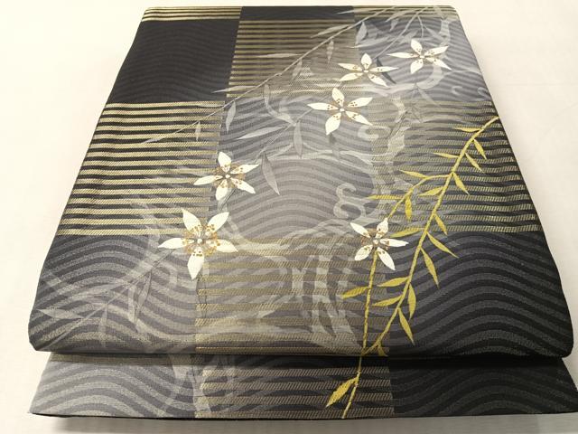 平和屋着物●両面 太鼓柄袋帯 市松流水枝垂れ花文 金糸 正絹 逸品 未使用 CABM9116vp