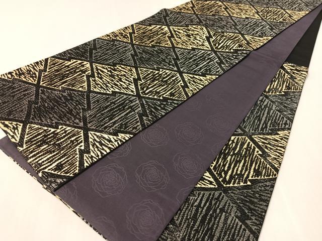 平和屋着物●染色作家 草野一騎 六通柄袋帯 松皮菱 黒地 金銀糸 正絹 逸品 CABM9124vp