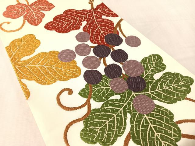 平和屋着物●六通柄袋帯 唐織 草木染め 葡萄蔦の葉文 金糸 正絹 逸品 未使用 CABM9125vp