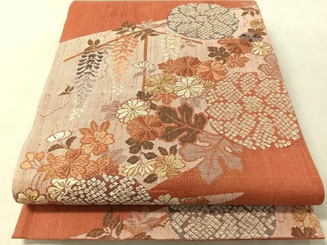 平和屋着物▽六通柄袋帯 スリーシーズン 春夏秋 紬地 藤花文 金糸 正絹 逸品 未使用 CABM9139vp