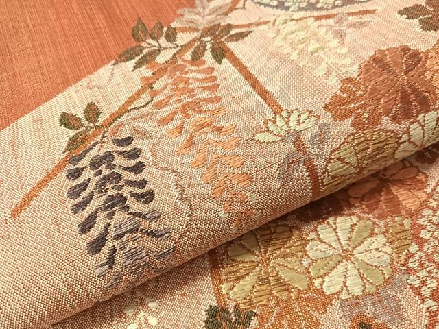 平和屋着物▽六通柄袋帯 スリーシーズン 春夏秋 紬地 藤花文 金糸 正絹 逸品 未使用 CABM9139vp