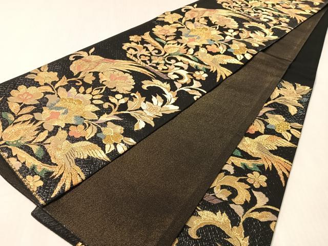 平和屋着物●六通柄袋帯 粋峰 更紗花鳥文 黒地 金糸 正絹 逸品 未使用 CABM9168vp