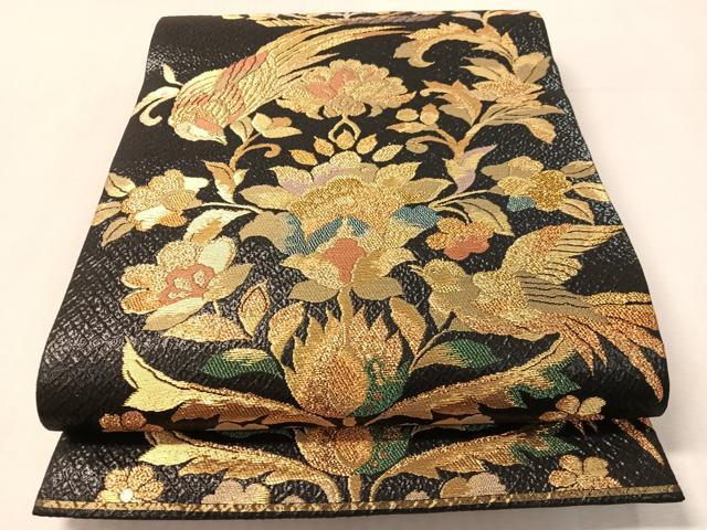 平和屋着物●六通柄袋帯 粋峰 更紗花鳥文 黒地 金糸 正絹 逸品 未使用 CABM9168vp