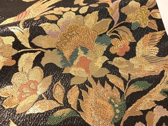 平和屋着物●六通柄袋帯 粋峰 更紗花鳥文 黒地 金糸 正絹 逸品 未使用 CABM9168vp