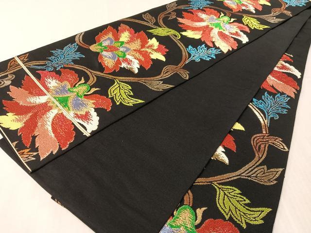 平和屋着物●六通柄 本袋帯 天平牡丹錦 黒地 金銀糸 正絹 逸品 CABM9181vp
