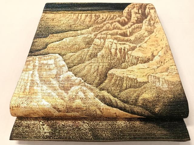 平和屋着物●太鼓柄袋帯 グランドキャニオン ラメ糸 黒地 金彩 正絹 逸品 未使用 CABM9199vp
