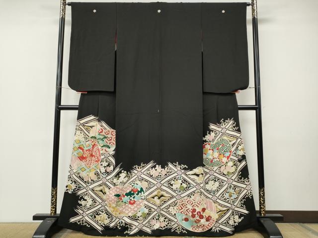 平和屋着物●アンティーク 大正ロマン 黒留袖 花鳥文 金彩 正絹 逸品 CABM9203ut