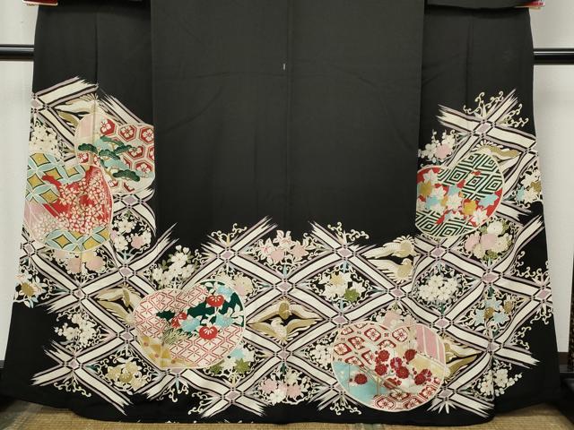 平和屋着物●アンティーク 大正ロマン 黒留袖 花鳥文 金彩 正絹 逸品 CABM9203ut