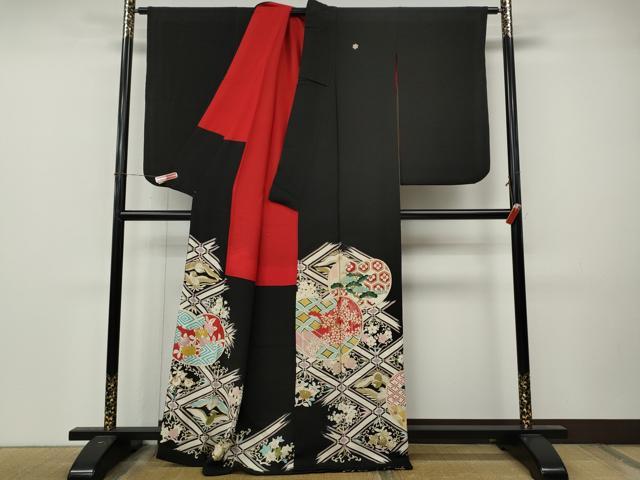 平和屋着物●アンティーク 大正ロマン 黒留袖 花鳥文 金彩 正絹 逸品 CABM9203ut