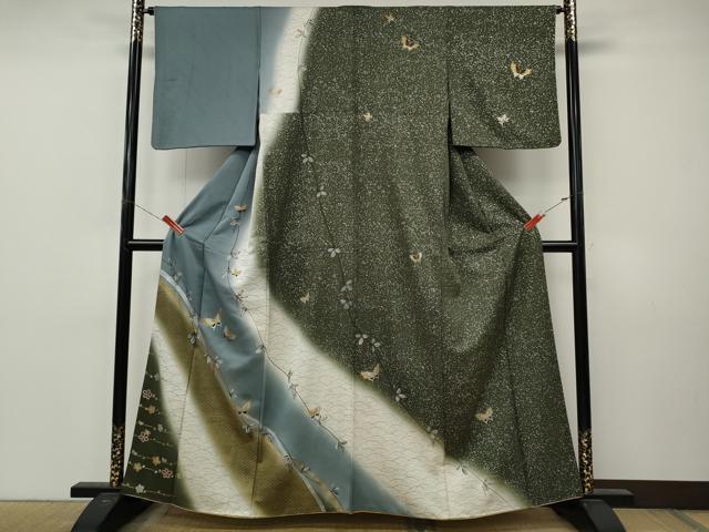 平和屋着物●訪問着 舞蝶枝花文 暈し染め 金銀彩 正絹 逸品 CABM9205ut