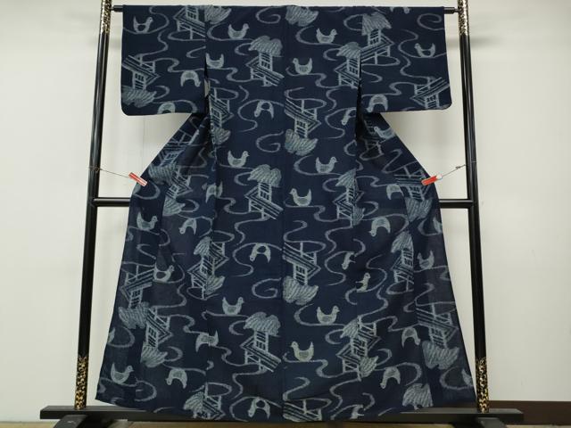 平和屋着物●久留米絣 単衣 風景流水鳥文 綿 逸品 CABM9212ut