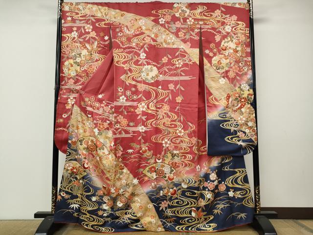 平和屋着物●豪華振袖 駒刺繍 地紙鴛鴦花文 暈し染め 金彩 正絹 逸品 CABM9218ut