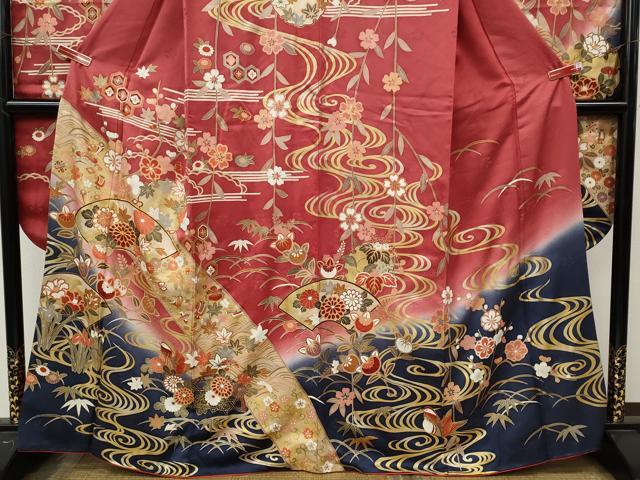 平和屋着物●豪華振袖 駒刺繍 地紙鴛鴦花文 暈し染め 金彩 正絹 逸品 CABM9218ut