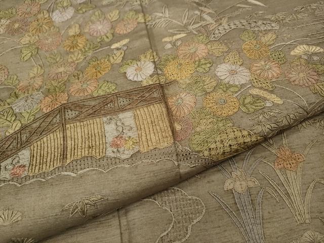 平和屋着物●中国三大刺繍 スワトウ刺繍 汕頭刺繍 総刺繍 訪問着 紬地 風景草花文 銀座おおぎ屋扱い 正絹 逸品 CABM9273ut