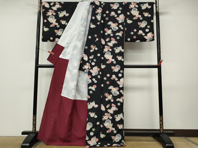 平和屋着物●小紋 花鞠文 黒地 洗える着物 CABM9310ut