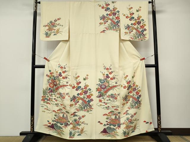 平和屋着物●訪問着 駒刺繍 型染め 風景渡橋花文 正絹 逸品 CABM9360ut