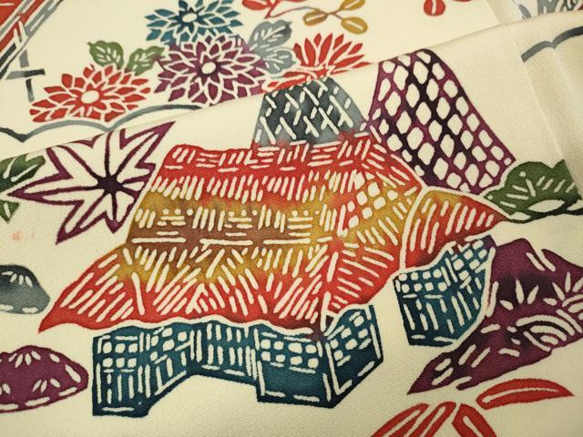 平和屋着物●訪問着 駒刺繍 型染め 風景渡橋花文 正絹 逸品 CABM9360ut