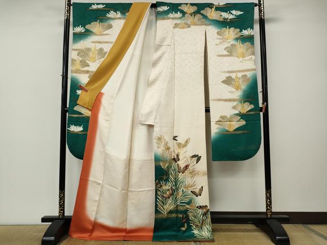 平和屋着物●紫綬褒章 巨匠『岩田専太郎』 振袖 駒刺繍 舞蝶文 暈し染め 金彩 正絹 逸品 CABM9426ut