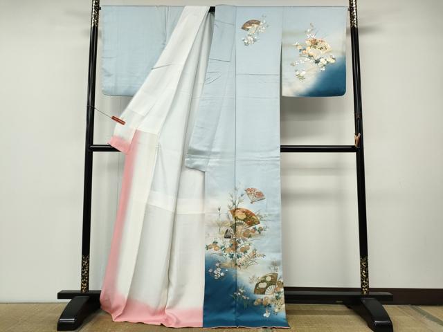 平和屋着物●訪問着 扇面花文 暈し染め 金銀彩 ロング丈 正絹 逸品 CABM9428ut