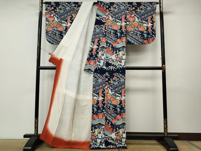 平和屋着物●訪問着 型染め 松花文 鬼しぼ縮緬 正絹 逸品 CABM9466ut
