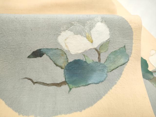 平和屋着物●九寸名古屋帯 紬地 和紙 枝花文 正絹 逸品 CABM9634hy