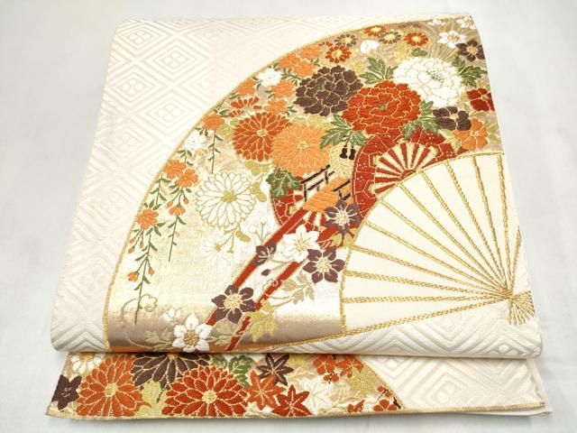 平和屋着物●西陣 河合美術織物謹製 六通柄袋帯 唐織 扇面花車文 金糸 正絹 逸品 CABM9754hy