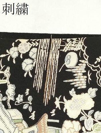 平和屋着物●アンティーク 全通柄 京袋帯 手刺繍 草花風景文 黒地 正絹 逸品 CABM9768hy