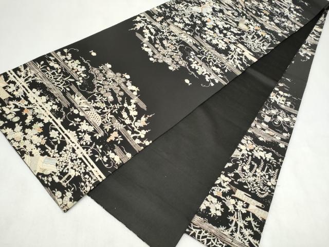 平和屋着物●アンティーク 全通柄 京袋帯 手刺繍 草花風景文 黒地 正絹 逸品 CABM9768hy