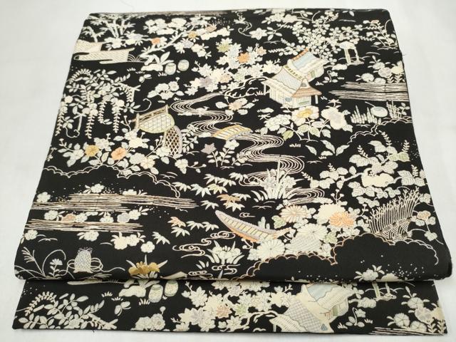 平和屋着物●アンティーク 全通柄 京袋帯 手刺繍 草花風景文 黒地 正絹 逸品 CABM9768hy