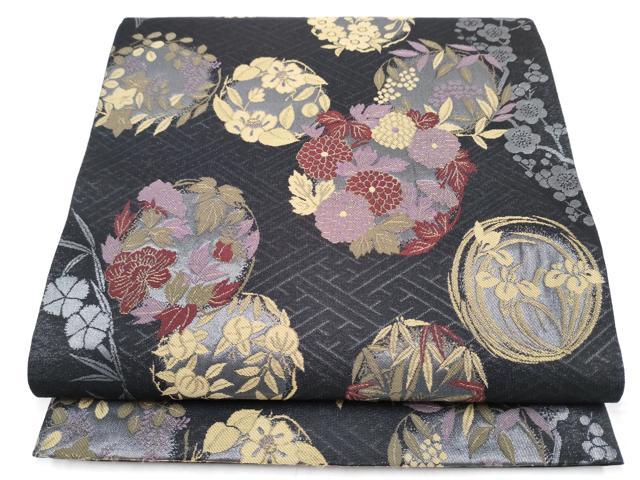 平和屋着物●こむさでもーど・COMME CA DU MODE 六通柄袋帯 草花丸文 黒地 正絹 逸品 CABM9839hy