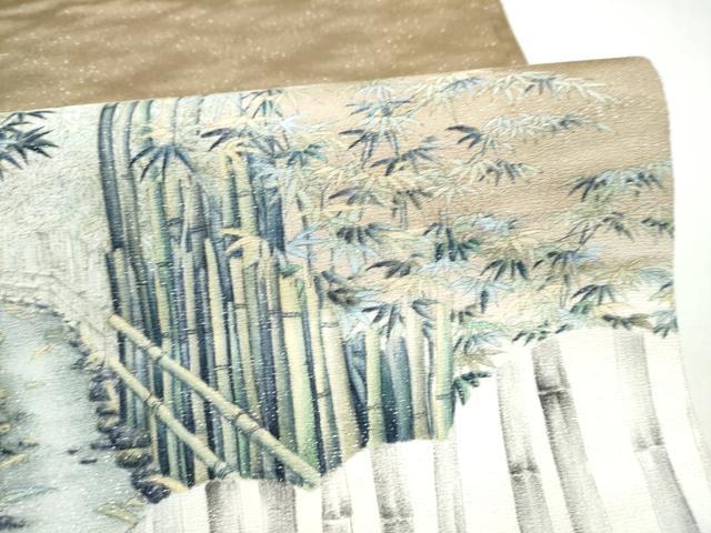 平和屋着物●伝統工芸士 京友禅染色作家 田家鬼彩 太鼓柄袋帯 風景文 銀通し地 正絹 逸品 CABM9876hy