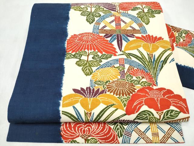 平和屋着物●全通柄 九寸名古屋帯 型染め 紬地 草花文 正絹 逸品 CABM9890hy