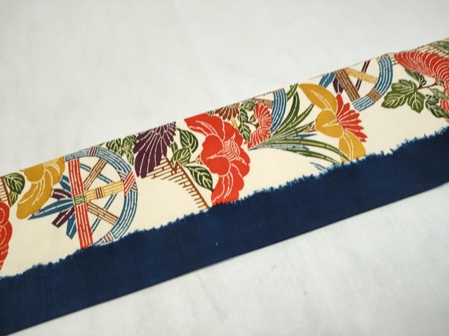 平和屋着物●全通柄 九寸名古屋帯 型染め 紬地 草花文 正絹 逸品 CABM9890hy