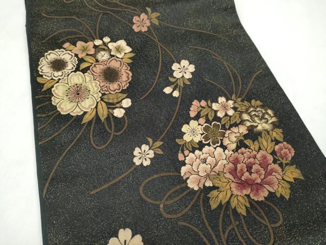 平和屋着物●六通柄袋帯 花丸文 黒地 金通し地 正絹 逸品 CABM9989hy