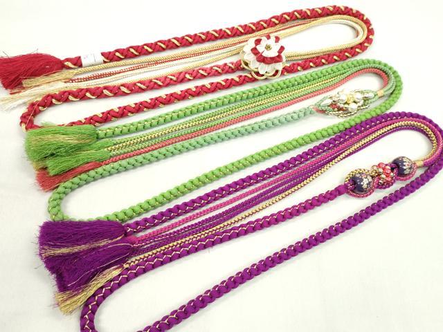平和屋着物▼和装小物 帯締め3本セット 振袖用 飾り付き パール 飾り玉 つまみ細工 赤 紫 苗色 金糸 逸品 CABN0919ju