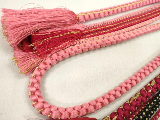 平和屋着物▼和装小物 帯締め3本セット 振袖用 飾り付き つまみ細工 パール ロイヤルブルー 桃色 赤×黒 金糸 逸品 CABN0930ju