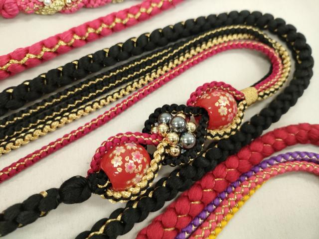 平和屋着物▼和装小物 帯締め3本セット 振袖用 飾り付き パール 飾り玉 濃紅色 黒 薔薇色 金糸 逸品 CABN0962ju