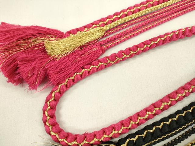 平和屋着物▼和装小物 帯締め3本セット 振袖用 飾り付き パール 飾り玉 濃紅色 黒 薔薇色 金糸 逸品 CABN0962ju