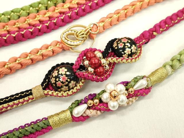 平和屋着物▼和装小物 帯締め3本セット 振袖用 飾り付き 飾り玉 パール 花 ルビー×黒 苗色 東雲色 金糸 逸品 CABN0963ju