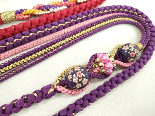 平和屋着物▼和装小物 帯締め3本セット 振袖用 飾り付き 飾り玉 パール 花 濃紅色 紫 フランボワーズ色 金糸 逸品 CABN1054ju