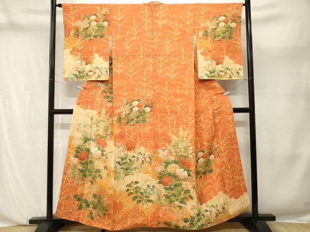 平和屋着物■訪問着 芒草花文 暈し染め 鬼しぼ縮緬 正絹 逸品 CABN1204ev